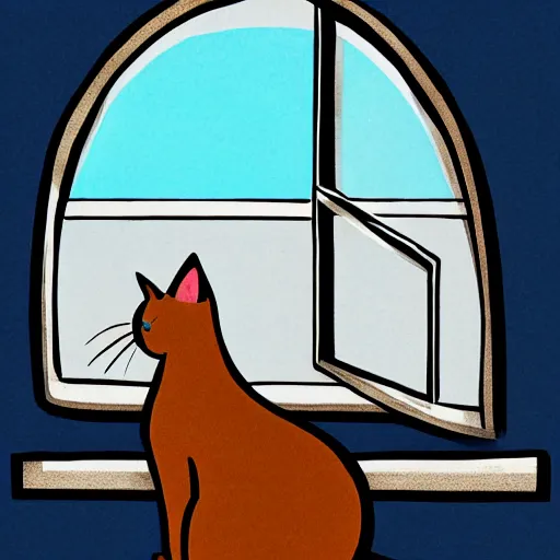 Image similar to illustration of a cat with a black spot on her trunk in an old house with a window next to the blue sky , trending on artstation, trending on deviantart