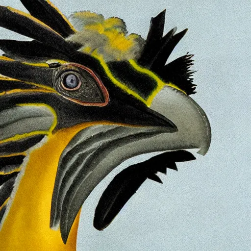 Prompt: a black feathered scientifically accurate Troodon with large yellow high detail eyes