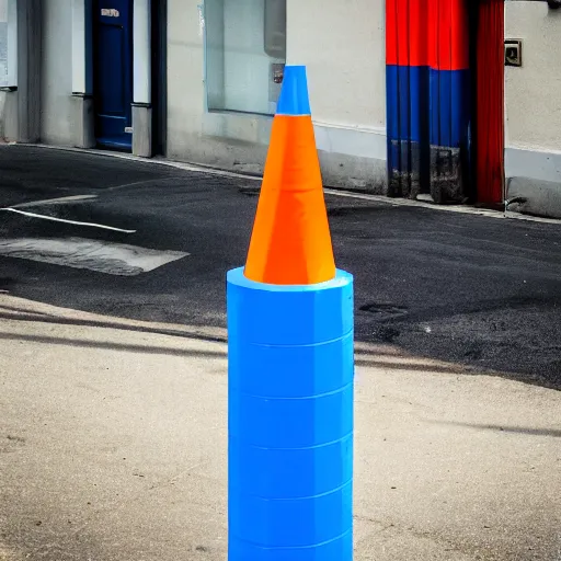 Image similar to a blue traffic cone, 3 5 mm lens, street photography