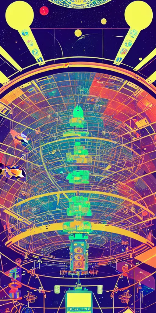 Image similar to the interior of an international space station filled with electronic equipment, ancient futuristic japanese temple, poster art by victo ngai, ori toor, kilian eng behance contest winner, crystal cubism, poster art, cubism, tarot card, psychedelic art, concert poster, poster art, maximalist