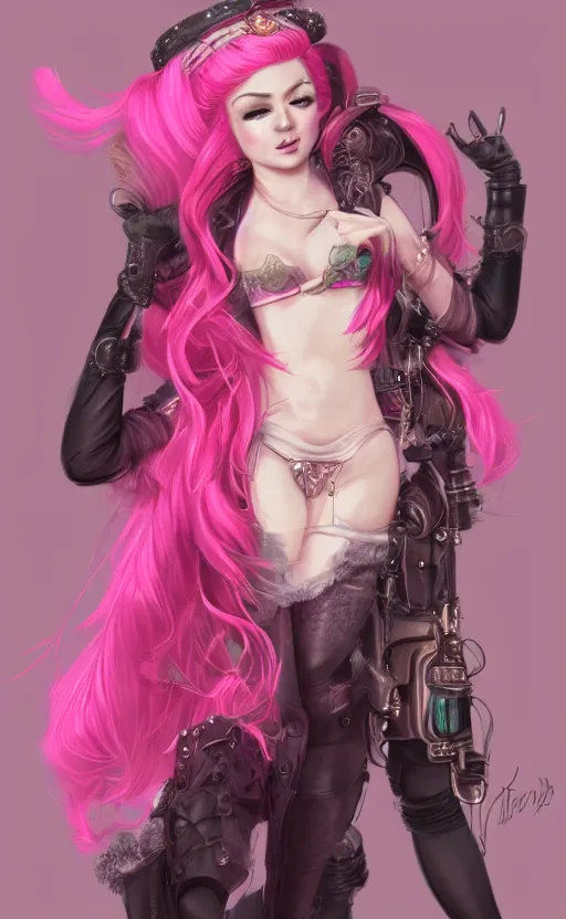 Prompt: pink hair girl dressed with inspirations from steampunk style, high detailed, digital art, trending on artstation, devianart, cgsociety