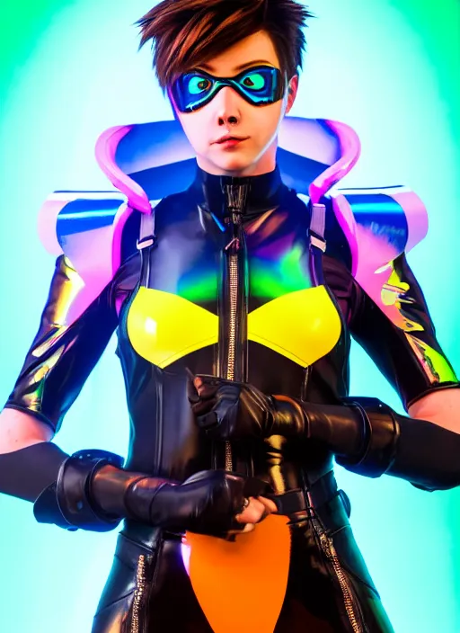 Image similar to hyperrealistic style portrait of tracer overwatch, confident pose, wearing black iridescent rainbow latex, rainbow, neon, 4 k, expressive happy smug expression, makeup, in style of mark arian, wearing detailed black leather collar, wearing sleek armor, black leather harness, expressive detailed face and eyes,