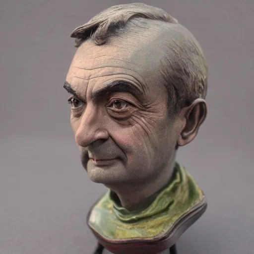 Image similar to hyper realistic closeup bust of a new england fisherman, mr. bean, painted, colorized, bossons vintage chalkware, by emile renouf