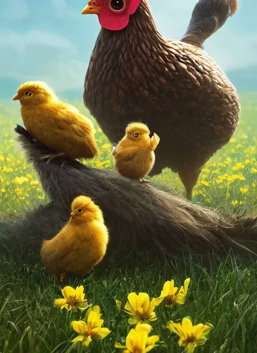 Image similar to a hen and her two cute small yellow chicks on a meadow, mama movie poster by nuri iyem, james gurney, james jean, greg rutkowski, anato finnstark. pixar. hyper detailed, 5 0 mm, award winning photography, perfect faces