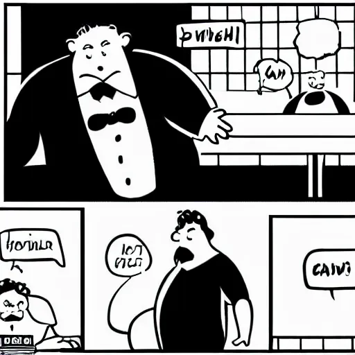 Prompt: A black and white comic strip about a large man making an order at a restaurant