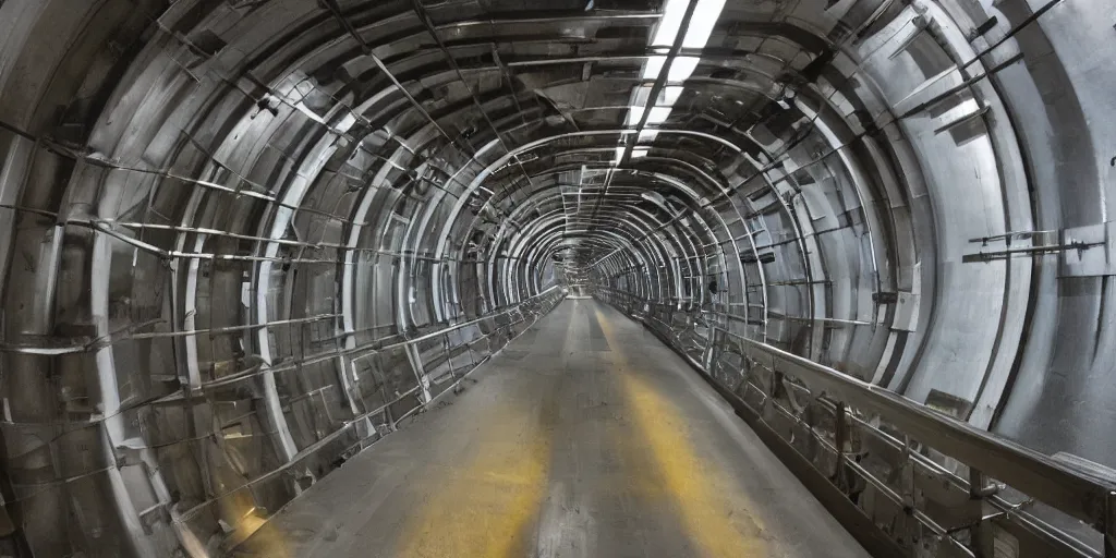 Image similar to aded steel industrial spaceship narrow tunnel catwalk sci - fi