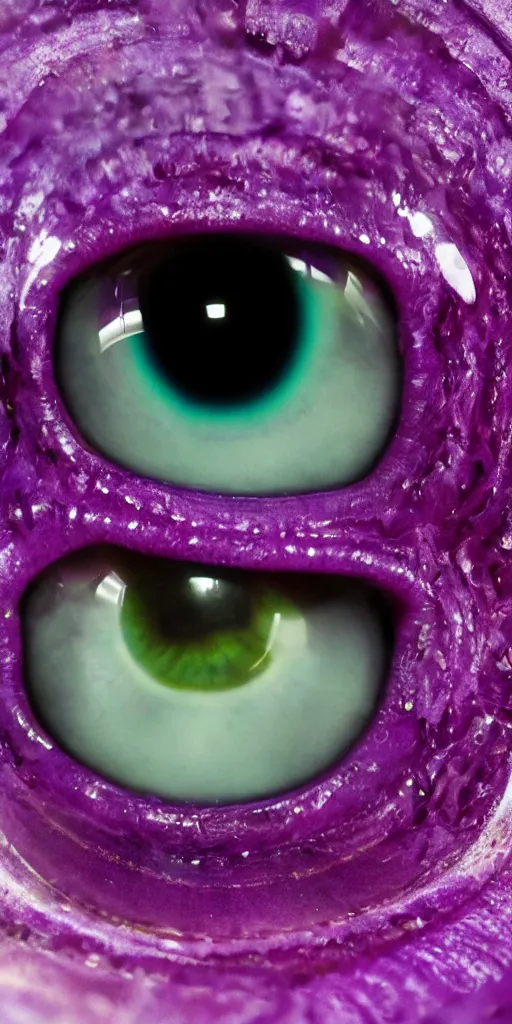 Image similar to macro shot, close-up of a purple squid eye, intricate iris, ultrarealistic, highly detailed, octane render, ray tracing