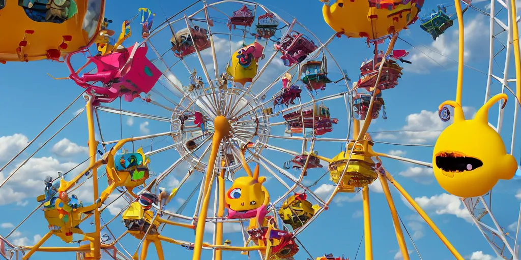 Image similar to cute anime monsters on a Ferris wheel by Os Gemeos and Goro Fujita and Simon Stalenhag, 8k, trending on artstation, hyper detailed, cinematic