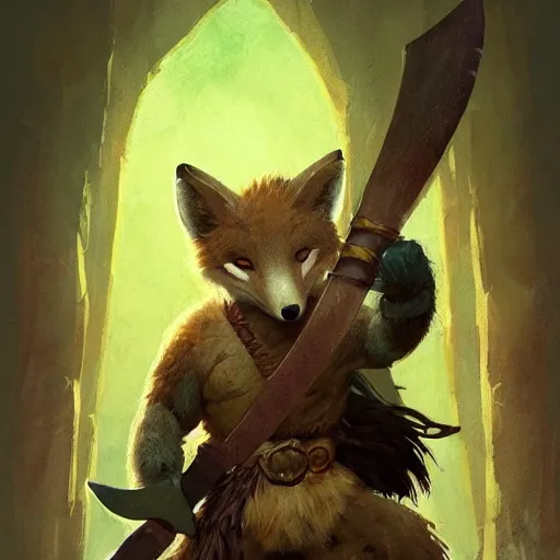 Prompt: an anthropomorphic fox warrior, green fur, holding an viking axe, by greg rutkowski and frank frazetta, intricate, artstation, vibrant, cinematic, style of magic : the gathering
