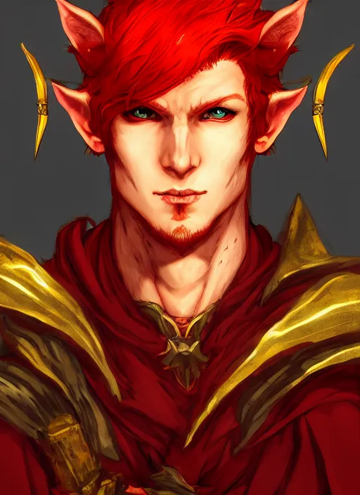 Image similar to Half body portrait of a handsome red haired elven monk prince with dragon eyes, staff and red and golden robe. In style of Yoji Shinkawa and Hyung-tae Kim, trending on ArtStation, dark fantasy, great composition, concept art, highly detailed.