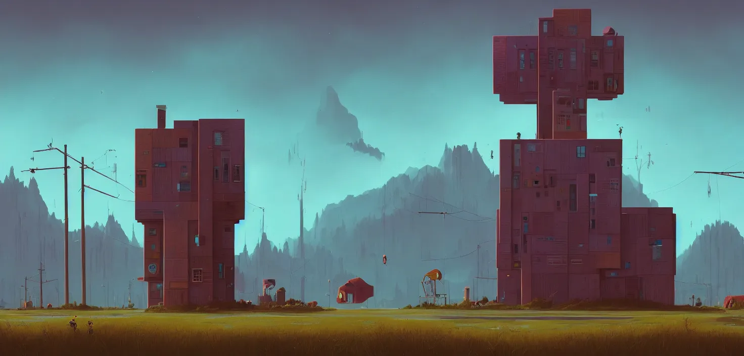 Image similar to a building in a stunning landscape in the style of simon stalenhag