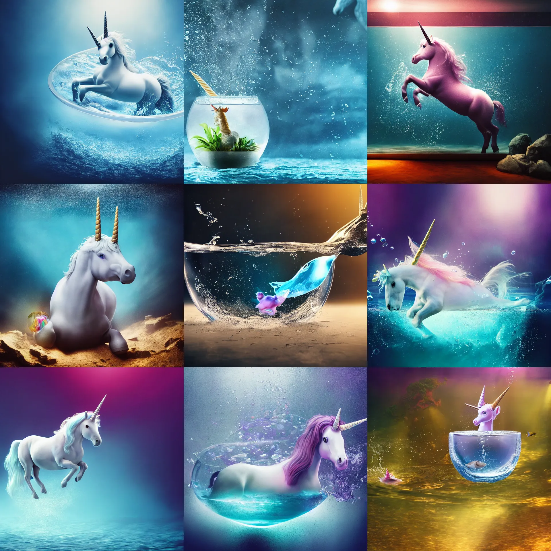 Prompt: photograph of a small unicorn swimming under water inside a fishbowl, hyperrealistic, highly detailed, octane render, dramatic lighting, close up