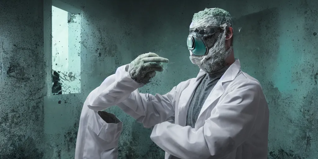 Image similar to a photo of a man wearing a futuristic mask and a lab coat, lab covered in mold and moss, photorealistic, octane render, volumetric lighting,