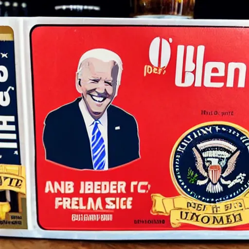 Prompt: a beer bottle with biden's face on the packaging.