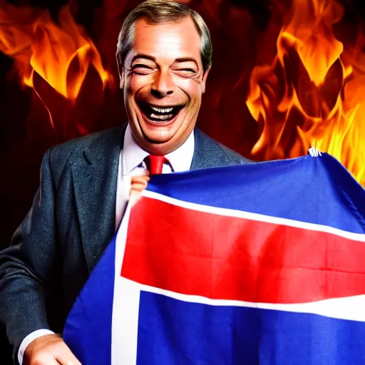 Image similar to nigel farage laughing holding burning eu flag, studio photograph, hd, studio