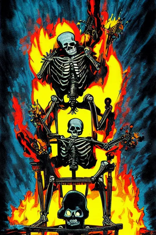 Prompt: Poster art of a Skeleton sitting in a chair sunbathing, with a nuke exploding in the background by Neal Adams