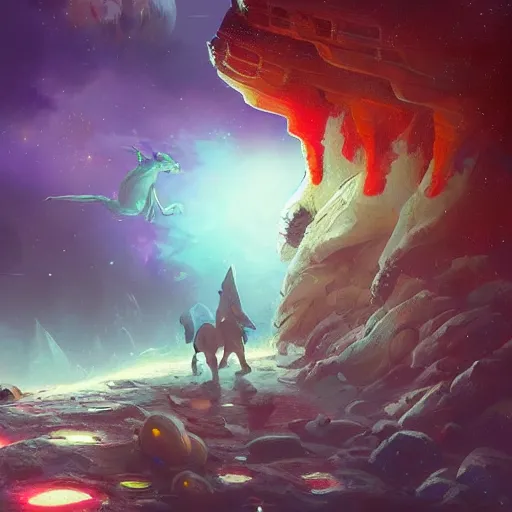 Image similar to Astronauts are riding some mythical animals, they are running on the surface of a planet with wacky wildlife, some planets and nebulas are as background, by Jordan Grimmer digital art, trending on Artstation,