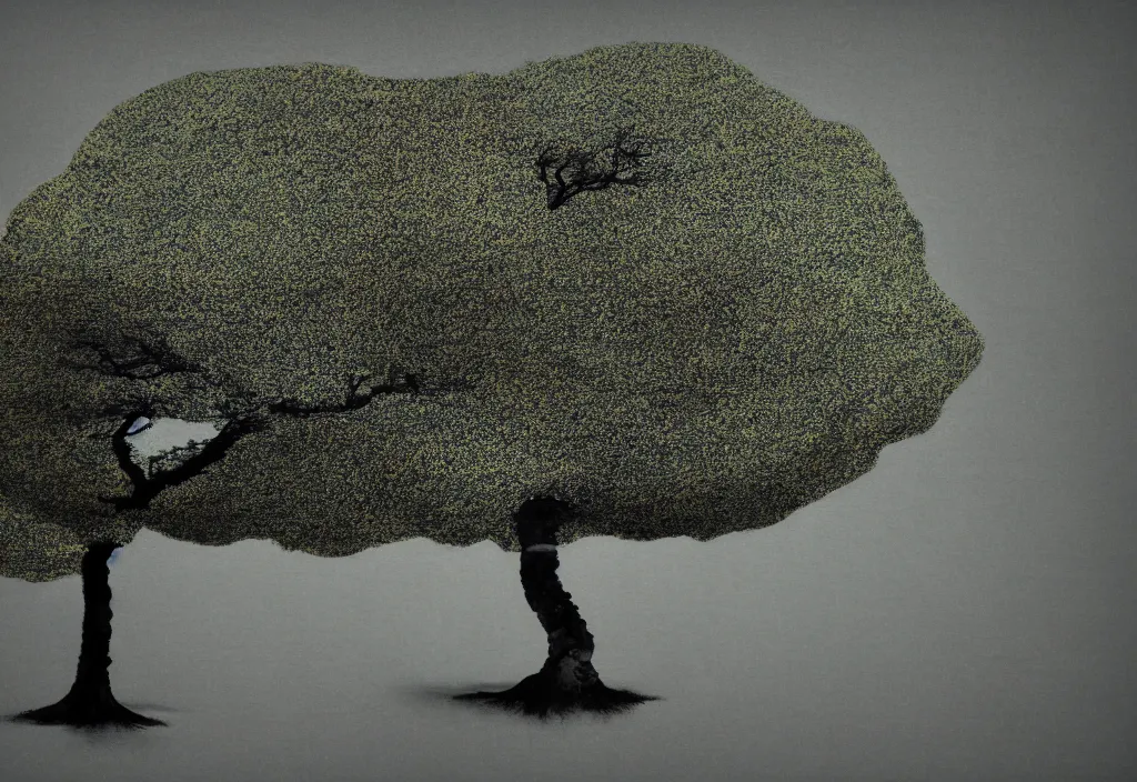 Image similar to windswept tree, rural japan, a collage painting, in the style of wes anderson, lola dupre, david hockney, isolated on negative white space background dark monochrome fluorescent neon spraypaint accents volumetric octane render