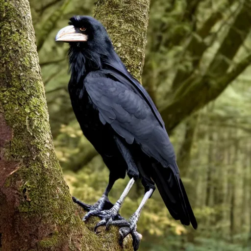 Image similar to crossbreed between a human male and crow, photograph captured in a forest