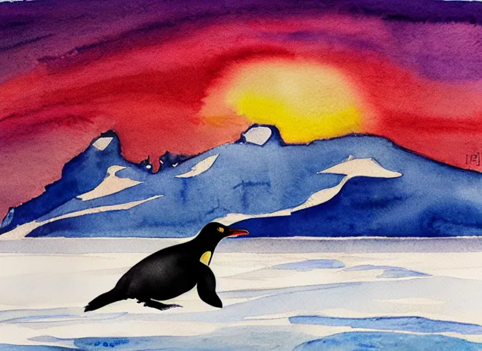 Prompt: a penguin sliding on the ice floe, watercolor, highly detailed, sunset light