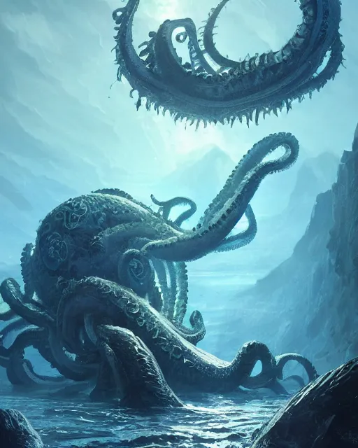 Image similar to An invisible Kraken, blue sea, fantasy art, monster art, in the style of greg rutkowski, illustration, epic, fantasy, intricate, hyper detailed, artstation, concept art, smooth, sharp focus, ray tracing