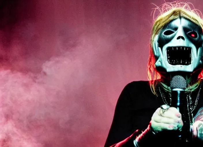 Image similar to publicity photo still of martha stewart in slipknot playing live on stage, 8 k, live concert lighting, mid shot