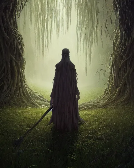 Image similar to highly detailed surreal vfx portrait of a cursed dagger in a shadowy swamp by a willow tree, stephen bliss, unreal engine, greg rutkowski, loish, rhads, beeple, makoto shinkai and lois van baarle, ilya kuvshinov, rossdraws, tom bagshaw, alphonse mucha, global illumination, detailed and intricate environment