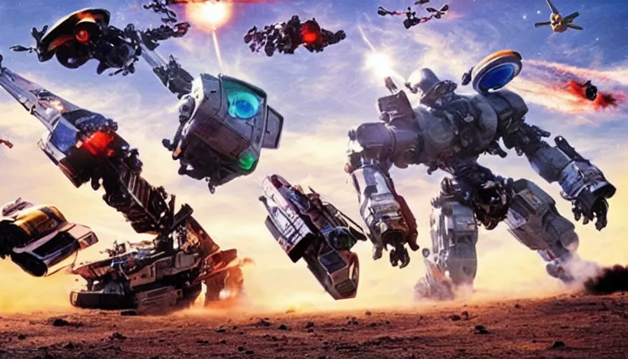 Image similar to full - color cinematic movie still from a live - action dairugger action film directed by michael bay. the scene features the science - fiction vehicles from dairugger fighting in space and joining together to form a giant robot. highly - detailed ; photorealistic ; epic.