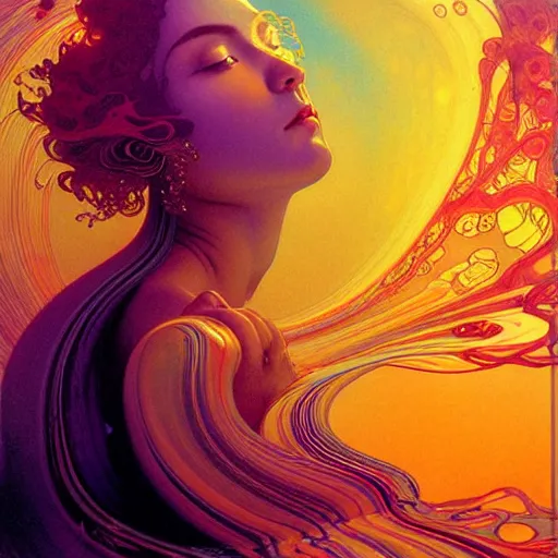 Prompt: extremely transcendent bodhisattva mind bending psychedelic waves of glossy liquid honey flowing like kaleidoscopic translucent amber, lsd waves, honey ripples, enlightenment, high contrast lighting, refracted sunset, highly detailed, concept art, art by collier, albert aublet, krenz cushart, artem demura, alphonse mucha