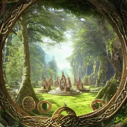 Image similar to a beautiful and highly detailed matte painting of an elven temple in a magical fantasy garden in a lush forest, celtic knots, ancient runes, knotted trees, intricate details, epic scale, insanely complex, 8 k, sharp focus, hyperrealism, very realistic, by caspar friedrich, albert bierstadt, james gurney, brian froud,