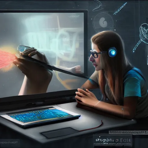 Image similar to realistic teenager using laptop in super tech room, artstation trends, concept art, highly detailed, intricate, sharp focus, digital art, 8 k