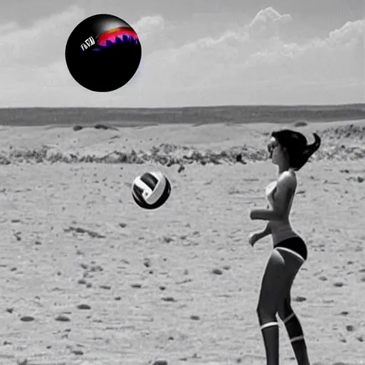 Prompt: can we get aliens playing volleyball in bikinis on one of jupiter's moons