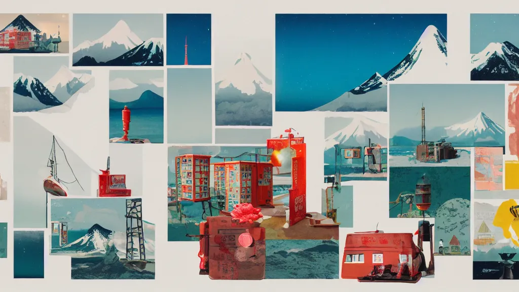 Image similar to an arrangement of explorer traveller props, hokkaido prefecture japan, a collage painting, in the style of wes anderson, lola dupre, david hockney, isolated on negative white space background dark monochrome neon spraypaint accents volumetric octane render