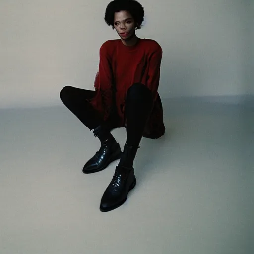 Image similar to realistic photoshoot for a new balenciaga lookbook, color film photography, portrait of a beautiful woman in style of tyler Mitchell, person sitting on the floor, 35mm, graflex