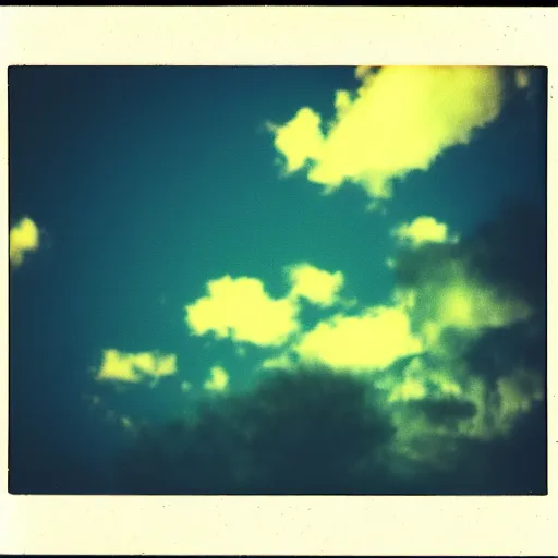 Image similar to instant photograph of the sky, polaroid, raw, beautiful, nostalgic, light leak, night, clouds, city