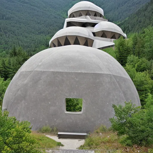 Prompt: brutalist concrete spomenik geodesic structure, in the mountains, taiga, by Henri Matisse