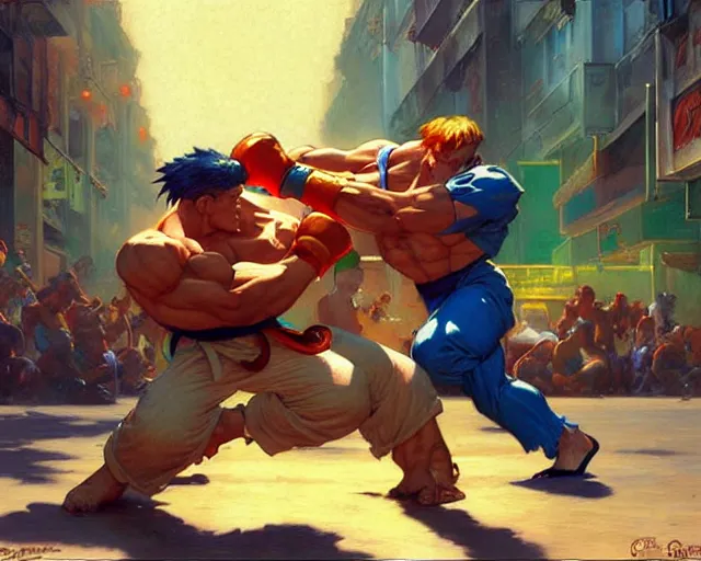 Image similar to street fighter ii, cool colors, hard angles, painting by gaston bussiere, craig mullins, j. c. leyendecker, tom of finland