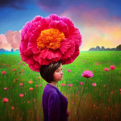 Prompt: giant carnation flower head and face, girl in a flower field, surreal photography, sunrise dramatic light, impressionist painting, colorful clouds, digital painting, artstation, simon stalenhag, flower face