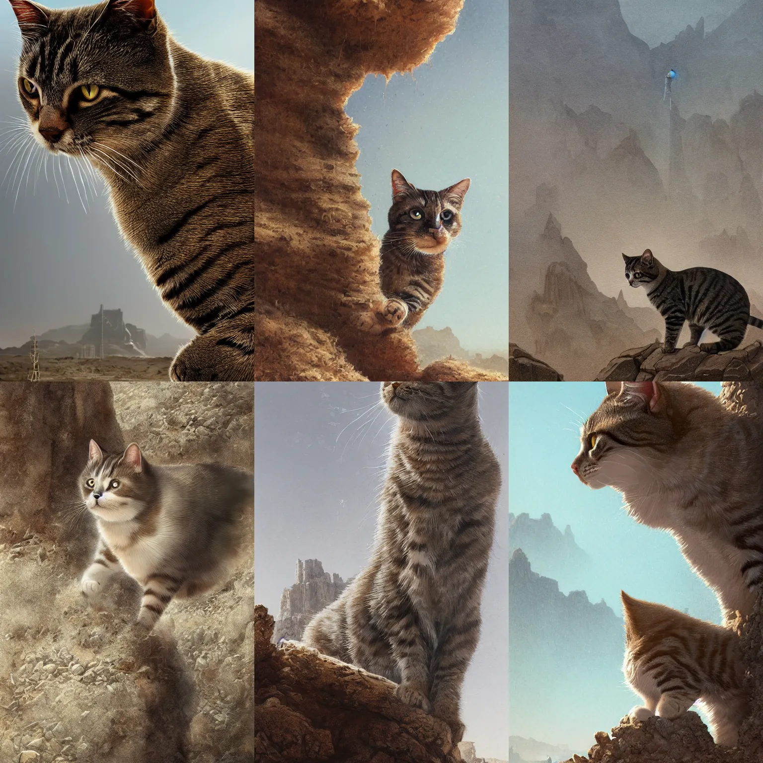 Prompt: close up of a cat exploring a tall eco living towers in a barren, rocky desert, rocky mountains in background, dust swirling, diffuse lighting, strong imagery, highly detailed, by greg rutkowski, illustration, highly detailed water colour 8 k, cinematic