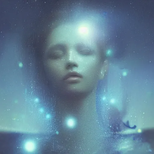 Prompt: sci - fi, close - up, 3 d, moon rays, night, sleepy fashion model face, cinematic, clouds, moon rays, vogue cover style, poster art, blue mood, realistic painting, intricate oil painting, high detail illustration, figurative art, multiple exposure, water, 3 d, by tooth wu and wlop and beeple and greg rutkowski