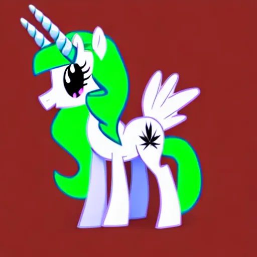 Image similar to white colored stoner pony from my little pony, marijuana themed, weed cutie mark, art, smoke everywhere, colorful, 3 d, render, blender 3 d, soft lighting, green mane, surrounded by smoke clouds spiraling around