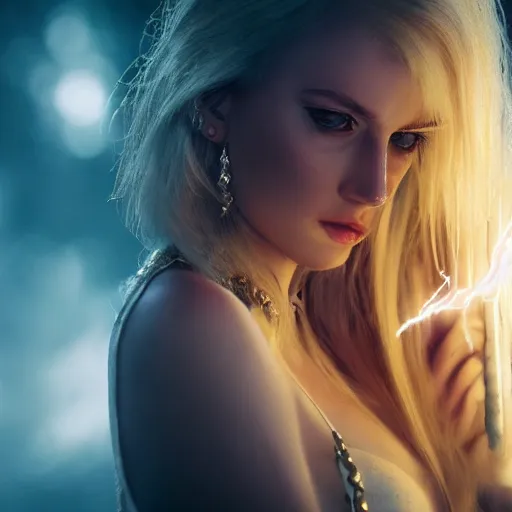 Image similar to beautiful blond hovering sorceress girl, casting a spell, in a destroyed city, moody lighting, 8 k, shallow depth of field, cinematic lighting,