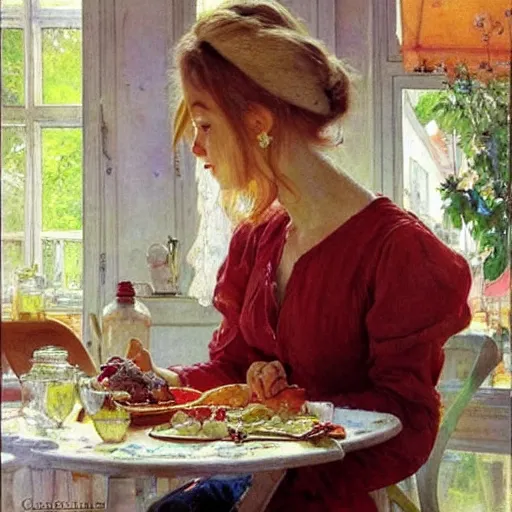 Image similar to beautiful blonde woman making breakfast morning painting volegov carl larsson