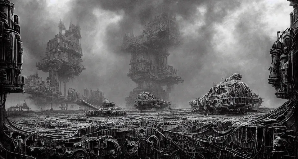 Image similar to a beautiful hyperrealistic ultradetailed matte painting of a dieselpunk AT-AT mech, by James Stokoe and harry clarke and Zdzisław Beksiński and Jakub Rozalski and HR Giger:3.00, skulls and gas masks, dark, realistic, black smoke, oil, machine parts, dystopian, insane details, intricate, mecha, embers, trending on artstation, micro details, HD wallpaper, 8k