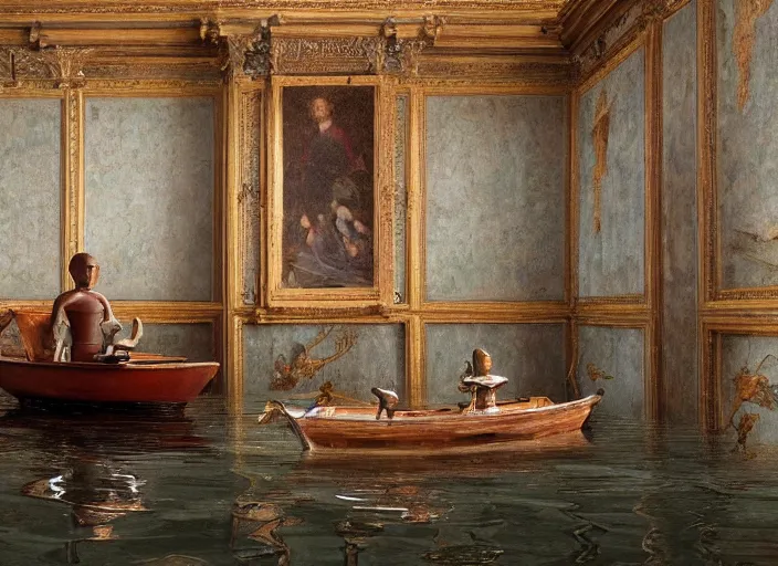 Prompt: a portrait of a humanoid robot sitting in a small boat fishing in a renaissance castle room flooded with water,