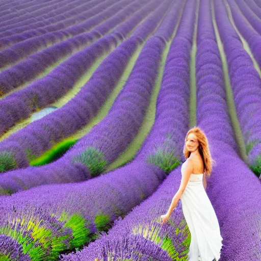 Image similar to a beautiful woman walking through a lavender field , cinematic, 8k, glowing