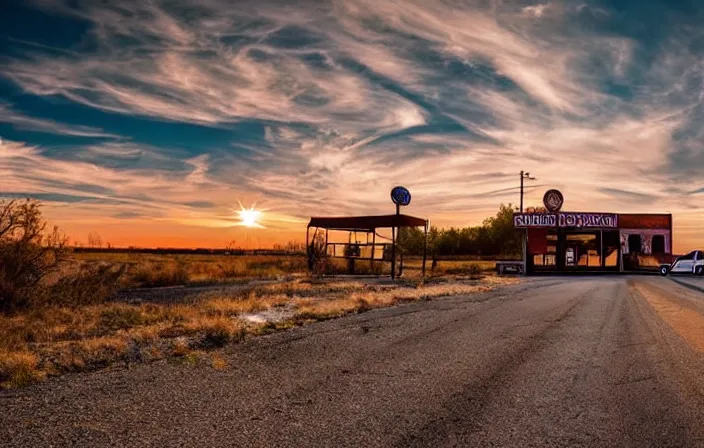 Image similar to A beautiful colorful evening scene of route66, old road with abandoned gas station and rusty old pickup truck, hyper realistic, blinding backlight evening sun, sparkling sun rays, epic scene, intense setting, evening vibe