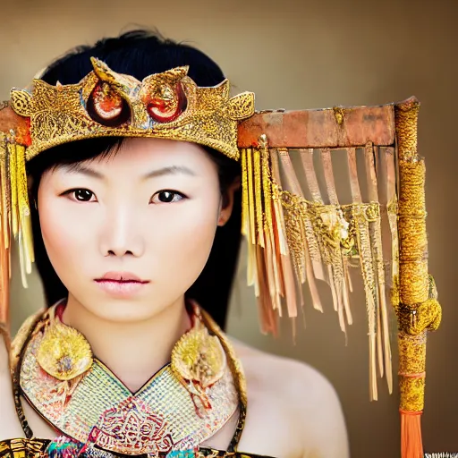 Image similar to A female maiden ancient asian tribal princess, (EOS 5DS R, ISO100, f/8, 1/125, 84mm, postprocessed, crisp face, facial features)