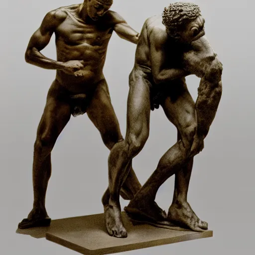 Image similar to a physical sculpture of struggle, two sides of a person by augustus rodin