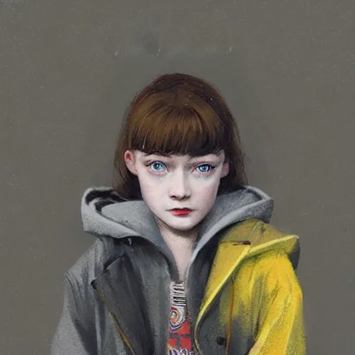 Image similar to a highly detailed epic cinematic concept art CG render digital painting artwork costume design: Sadie Sink, pixie cut, in a used 1950s man's coat and hoodie. muted grey colors with tiny yellow accents. By Greg Rutkowski, Ilya Kuvshinov, WLOP, Stanley Artgerm Lau, Ruan Jia and Fenghua Zhong, trending on ArtStation, made in Maya, Blender and Photoshop, octane render, excellent composition, cinematic atmosphere, dynamic dramatic cinematic lighting, aesthetic, very inspirational, arthouse